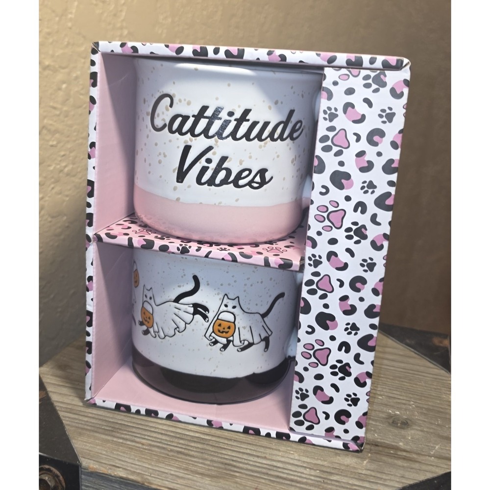 Cattitude Vibes Halloween Cat Coffee Mug Set Pink Black Kitty Pumpkin
